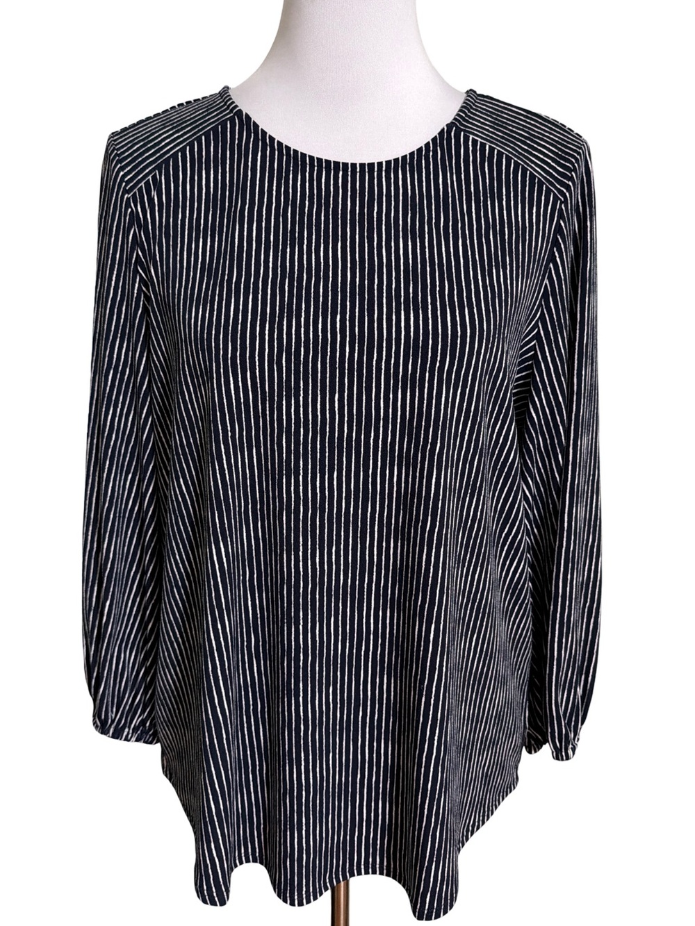 Adrianna Papell Navy and White Vertical Stripe Long Sleeve Top